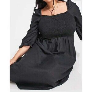 Black Shirred Midi Dress Womens Plus Size 16 Long Sleeve and Square Neck